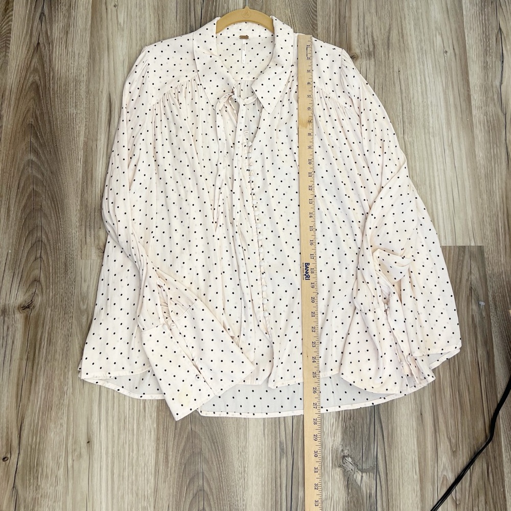 Free People Beige Pink Kennedy Button Down Polka Dot Bell Sleeve Blouse Size L - Picture 13 of 13